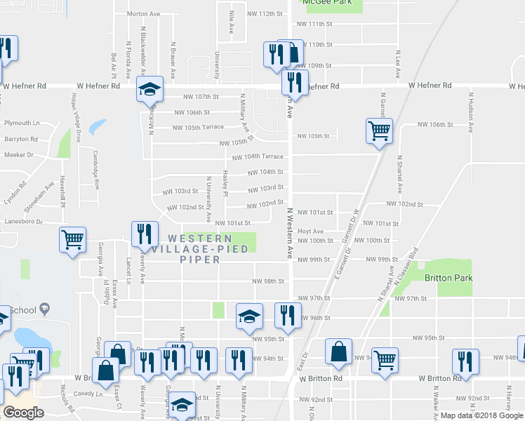 map of restaurants, bars, coffee shops, grocery stores, and more near 1132 Northwest 102nd Street in Oklahoma City