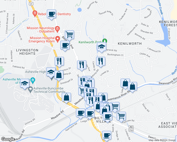 map of restaurants, bars, coffee shops, grocery stores, and more near 115 Unadilla Avenue in Asheville