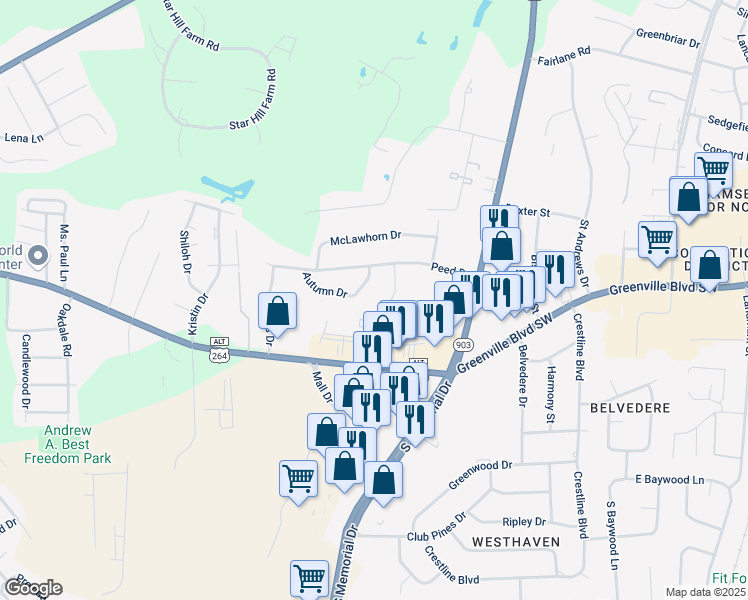 map of restaurants, bars, coffee shops, grocery stores, and more near 3212 Summer Place in Greenville