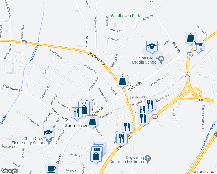 map of restaurants, bars, coffee shops, grocery stores, and more near 209 Ross Street in China Grove