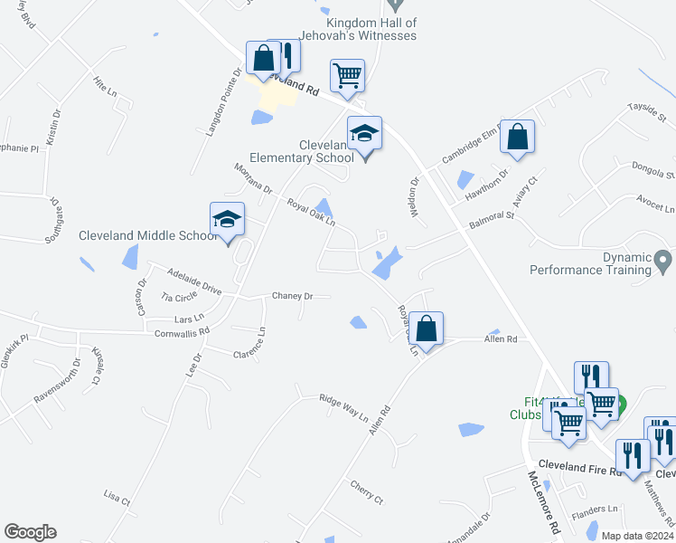 map of restaurants, bars, coffee shops, grocery stores, and more near Iroquois Lane in Garner