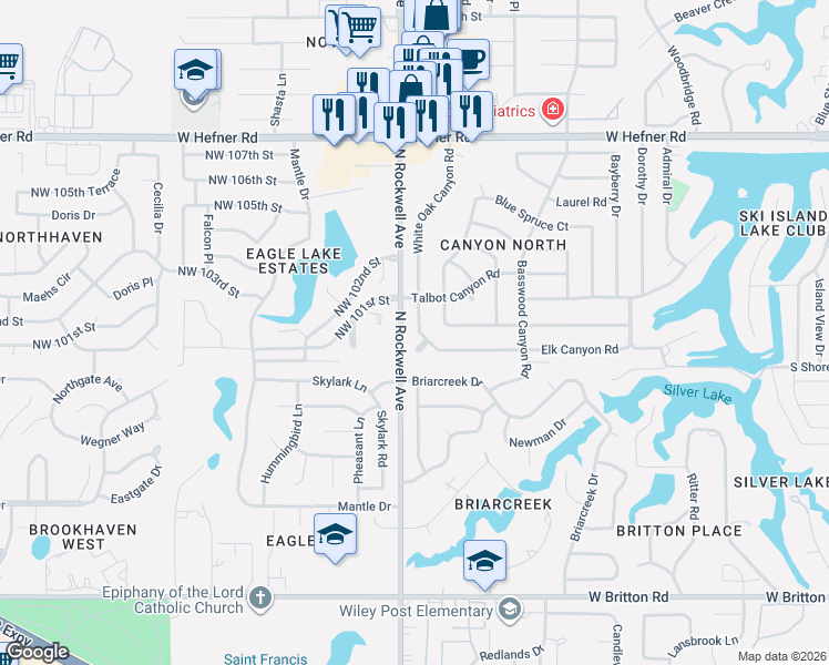 map of restaurants, bars, coffee shops, grocery stores, and more near 7030 Elk Canyon Court in Oklahoma City