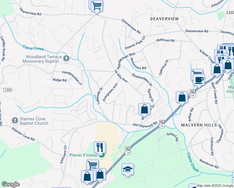 map of restaurants, bars, coffee shops, grocery stores, and more near 44 Robinwood Avenue in Asheville