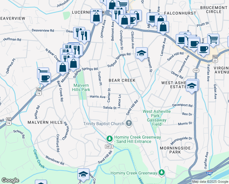 map of restaurants, bars, coffee shops, grocery stores, and more near 44 Woodgate Drive in Asheville