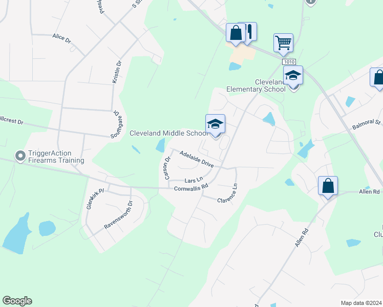 map of restaurants, bars, coffee shops, grocery stores, and more near 120 Adelaide Drive in Garner