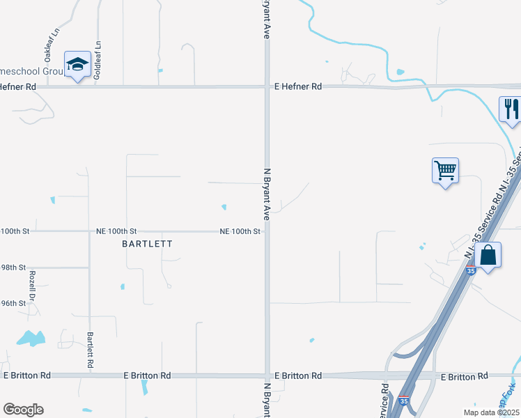 map of restaurants, bars, coffee shops, grocery stores, and more near 10201 North Bryant Avenue in Oklahoma City