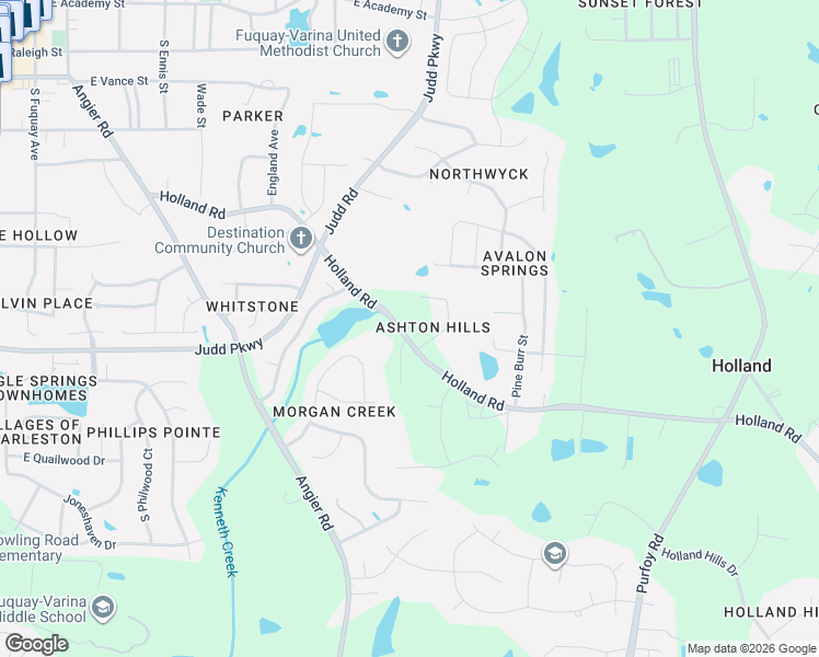 map of restaurants, bars, coffee shops, grocery stores, and more near 715 Holland Road in Fuquay-Varina