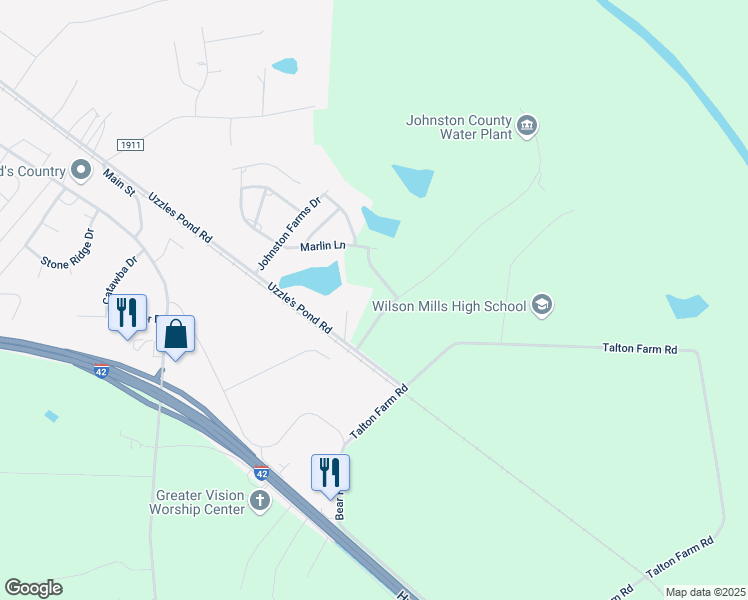 map of restaurants, bars, coffee shops, grocery stores, and more near 119 Clearwater Drive in Smithfield