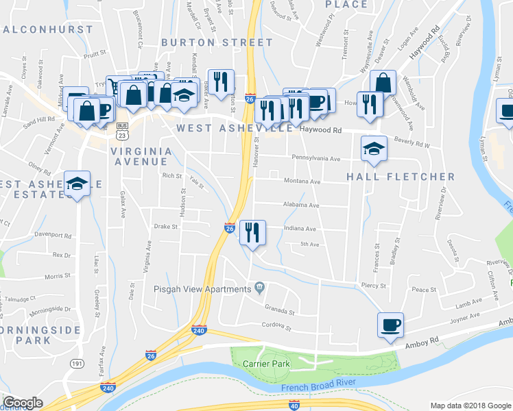 map of restaurants, bars, coffee shops, grocery stores, and more near 110 Hanover Street in Asheville