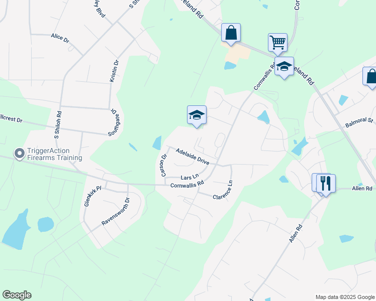 map of restaurants, bars, coffee shops, grocery stores, and more near 120 Adelaide Drive in Garner