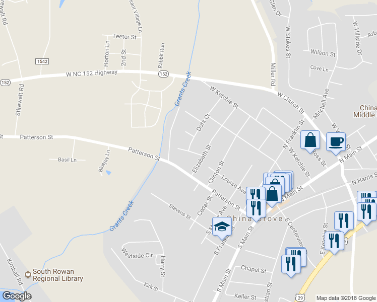 map of restaurants, bars, coffee shops, grocery stores, and more near Azalea Lane in China Grove