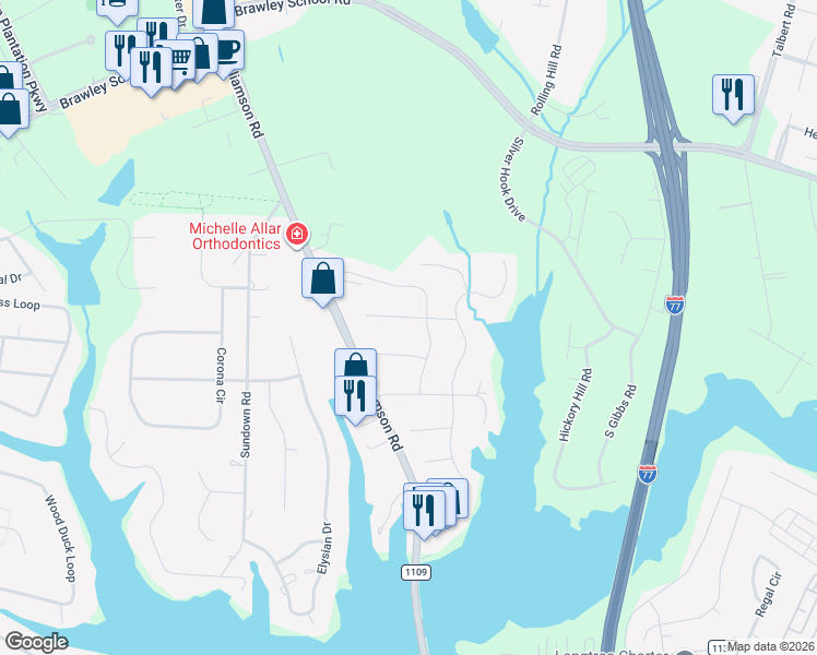 map of restaurants, bars, coffee shops, grocery stores, and more near 127 Samdusky Lane in Mooresville