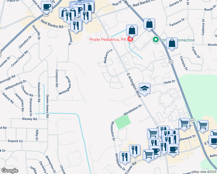 map of restaurants, bars, coffee shops, grocery stores, and more near 2924 Mulberry Lane in Greenville