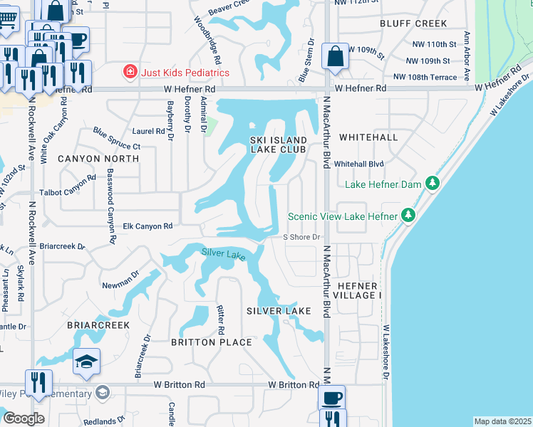 map of restaurants, bars, coffee shops, grocery stores, and more near 10108 Ski Drive in Oklahoma City