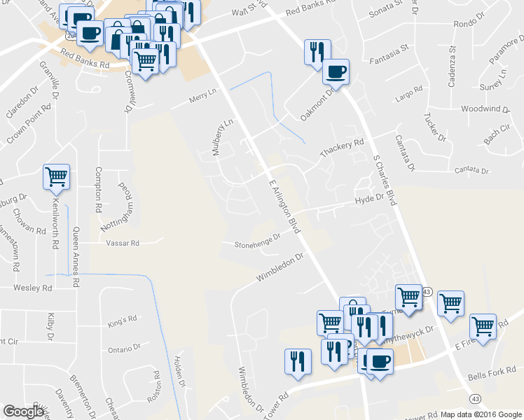 map of restaurants, bars, coffee shops, grocery stores, and more near 3010 Mulberry Lane in Greenville
