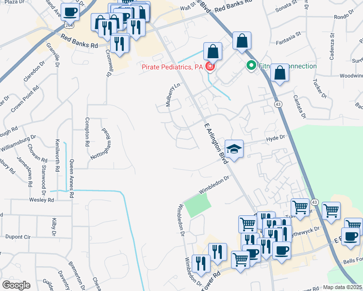 map of restaurants, bars, coffee shops, grocery stores, and more near 2926 Mulberry Lane in Greenville