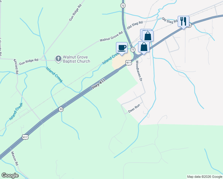 map of restaurants, bars, coffee shops, grocery stores, and more near 2153 U.S. 411 in Vonore