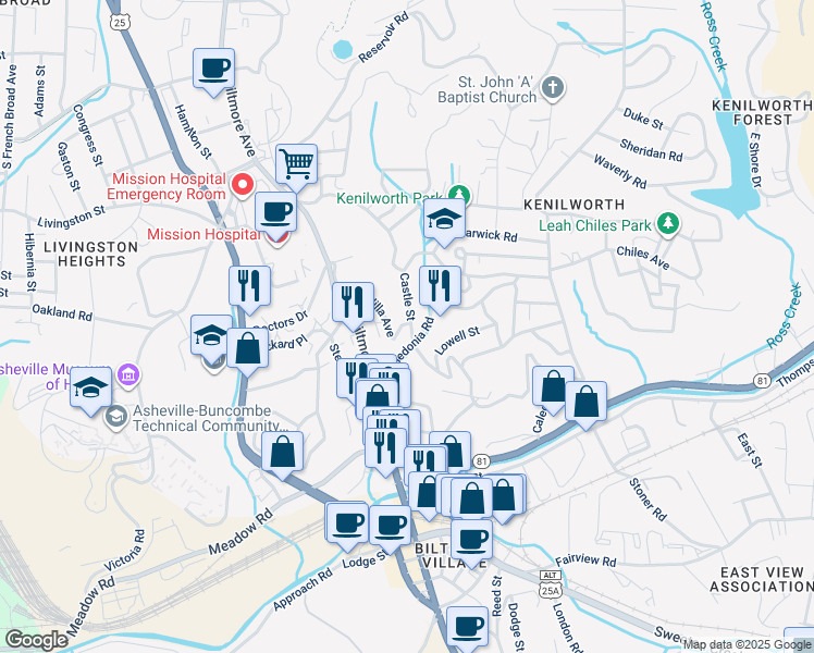 map of restaurants, bars, coffee shops, grocery stores, and more near 19 Castle Street in Asheville