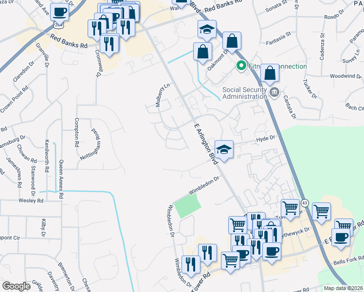 map of restaurants, bars, coffee shops, grocery stores, and more near 3010 Mulberry Lane in Greenville