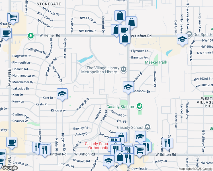 map of restaurants, bars, coffee shops, grocery stores, and more near 10220 Kingston Way in The Village