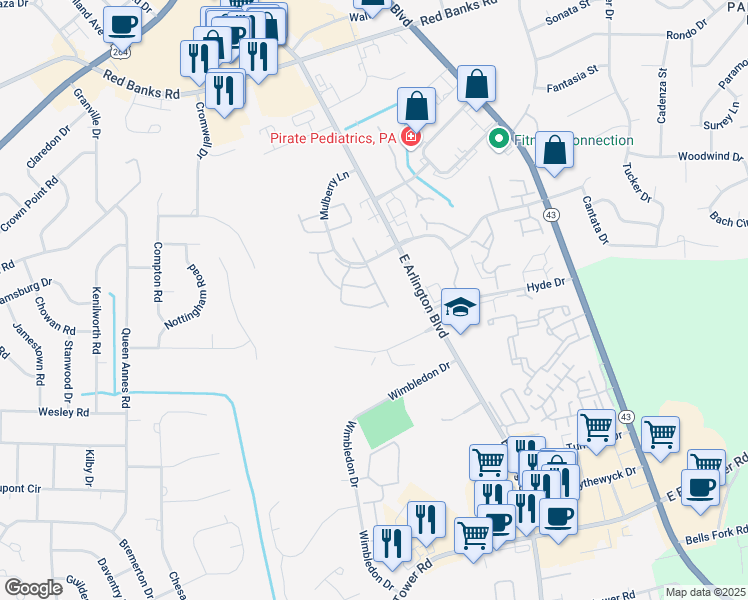 map of restaurants, bars, coffee shops, grocery stores, and more near 2940 Mulberry Lane in Greenville