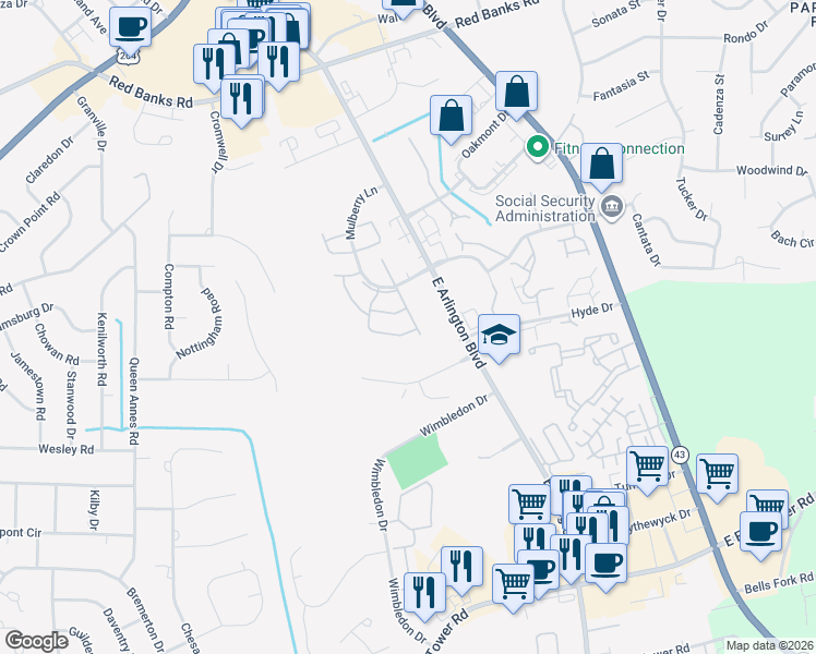 map of restaurants, bars, coffee shops, grocery stores, and more near 2940 Mulberry Lane in Greenville