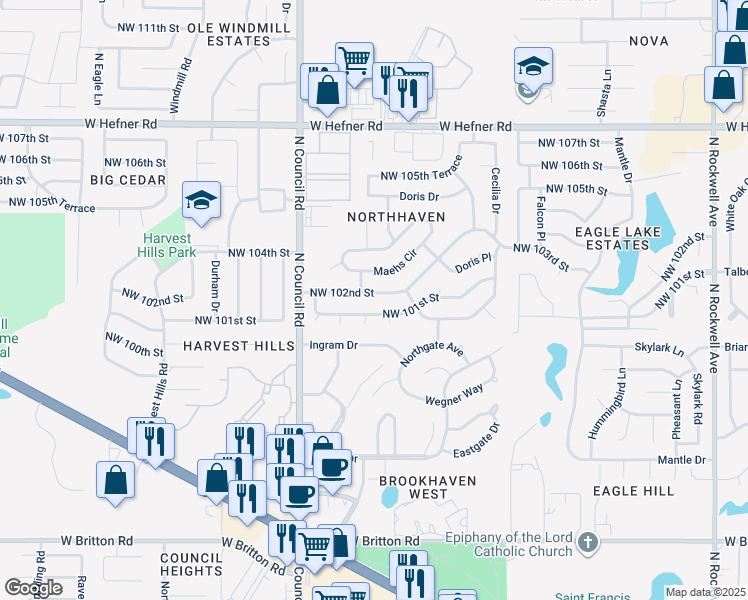 map of restaurants, bars, coffee shops, grocery stores, and more near 7824 Northwest 102nd Street in Oklahoma City