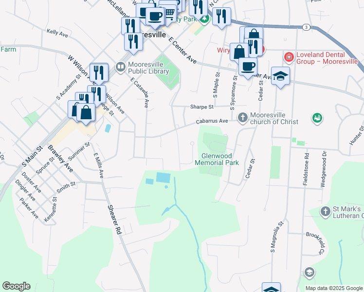 map of restaurants, bars, coffee shops, grocery stores, and more near 408 East McLelland Avenue in Mooresville