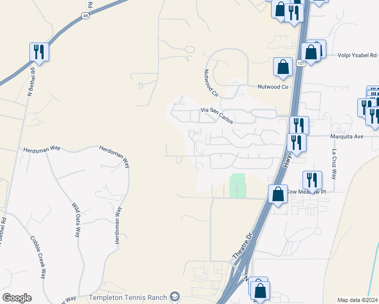 map of restaurants, bars, coffee shops, grocery stores, and more near 820 Golden Meadow Drive in Paso Robles