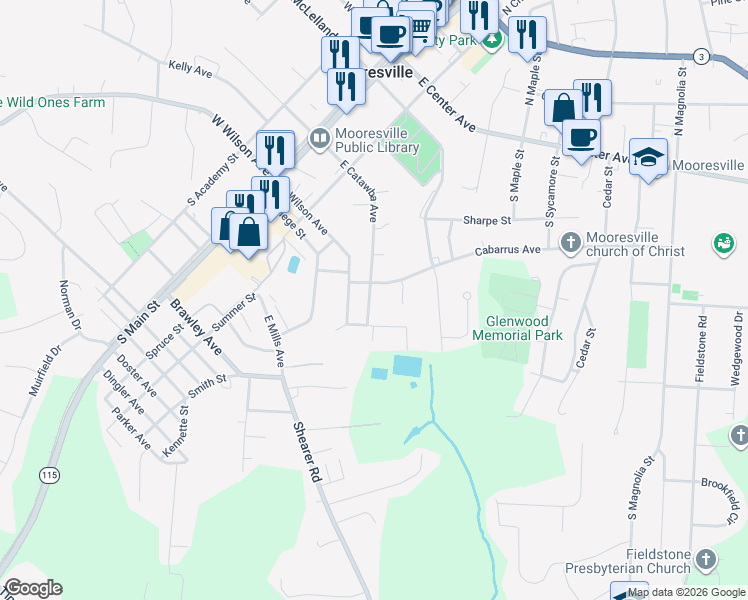 map of restaurants, bars, coffee shops, grocery stores, and more near 372 East Catawba Avenue in Mooresville
