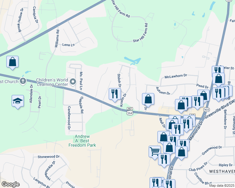 map of restaurants, bars, coffee shops, grocery stores, and more near 104 Chesterfield Court in Greenville