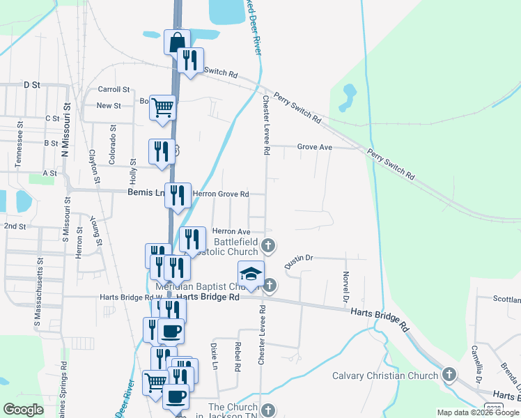 map of restaurants, bars, coffee shops, grocery stores, and more near 179 Chester Levee Road in Jackson