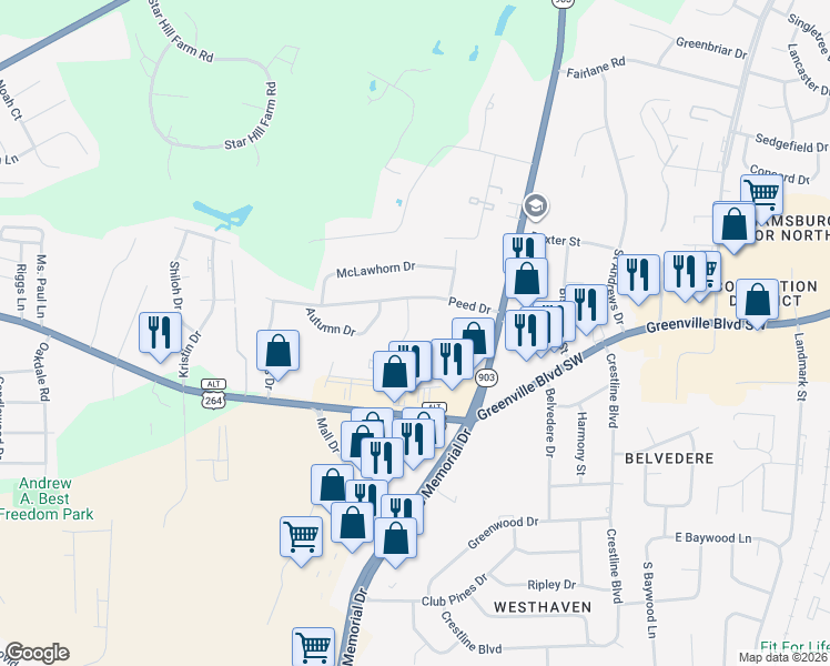 map of restaurants, bars, coffee shops, grocery stores, and more near 3209 Summer Place in Greenville
