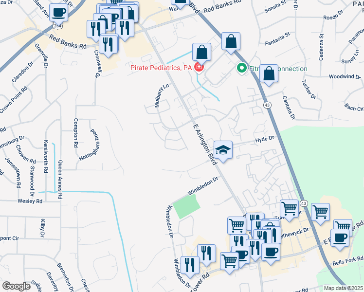 map of restaurants, bars, coffee shops, grocery stores, and more near 3010 Mulberry Lane in Greenville