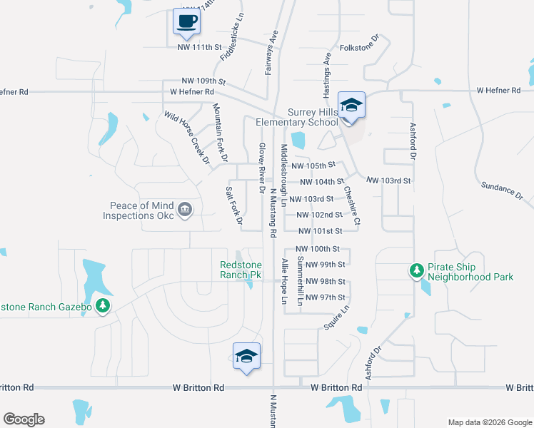 map of restaurants, bars, coffee shops, grocery stores, and more near 10213 Glover River Drive in Yukon