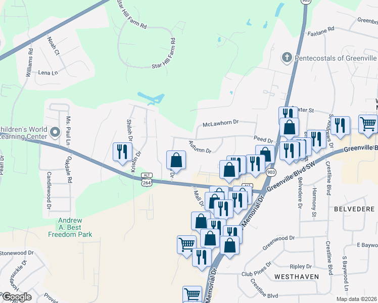 map of restaurants, bars, coffee shops, grocery stores, and more near 200 Rollins Drive in Greenville