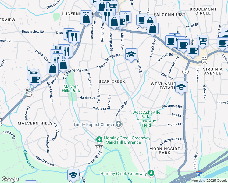 map of restaurants, bars, coffee shops, grocery stores, and more near 120 Delaware Avenue in Asheville
