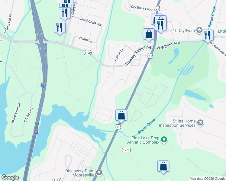 map of restaurants, bars, coffee shops, grocery stores, and more near 121 Blake Lane in Mooresville