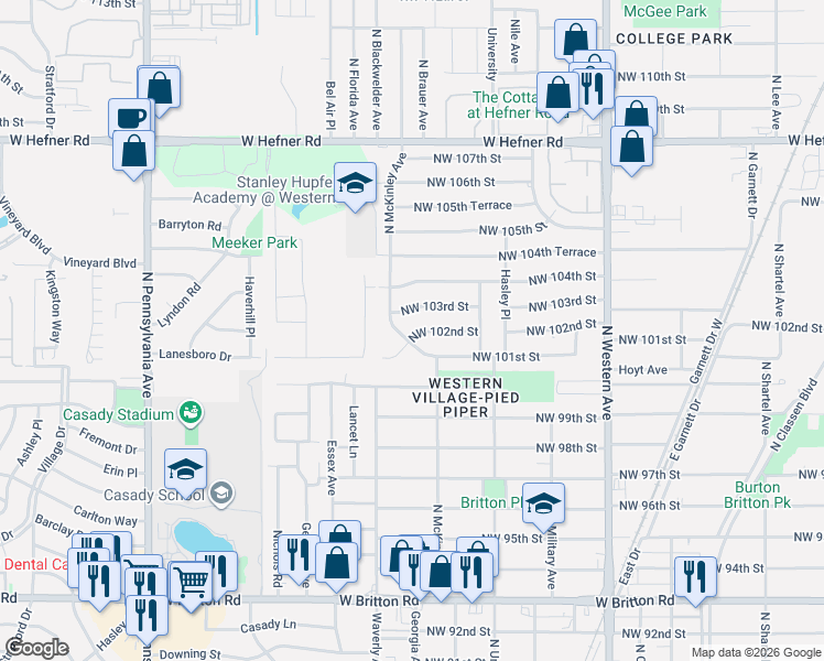 map of restaurants, bars, coffee shops, grocery stores, and more near 1425 Northwest 102nd Street in Oklahoma City