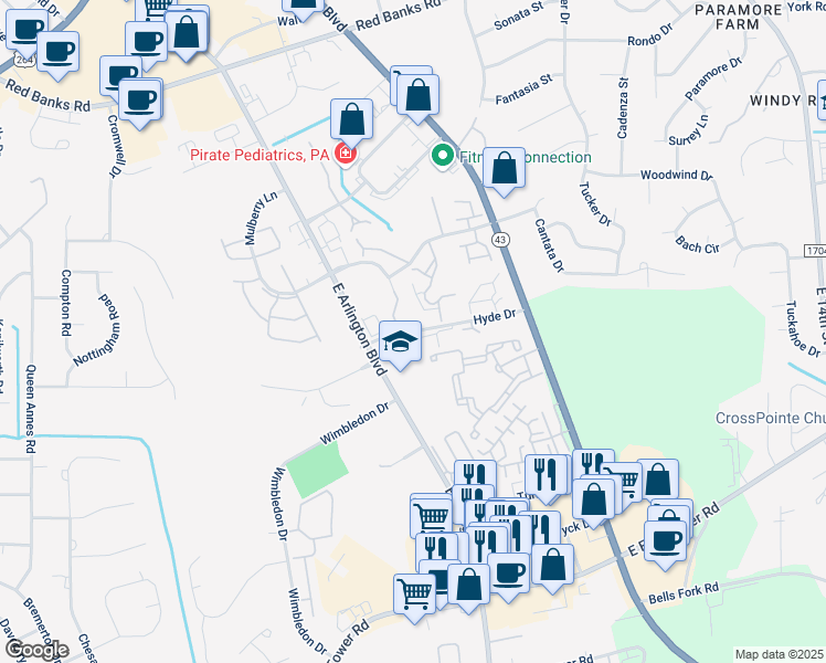 map of restaurants, bars, coffee shops, grocery stores, and more near 2010 Hyde Drive in Greenville