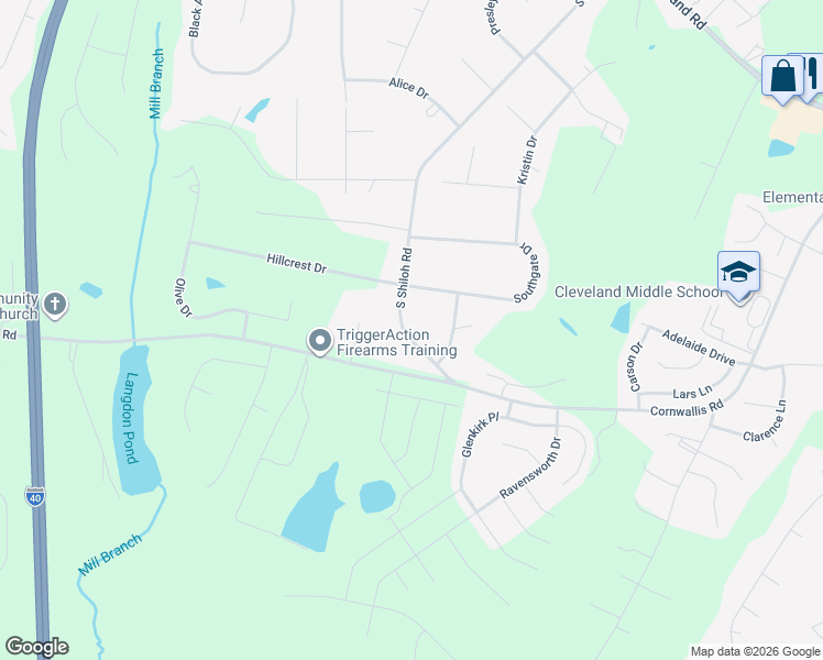 map of restaurants, bars, coffee shops, grocery stores, and more near 4501 South Shiloh Road in Garner
