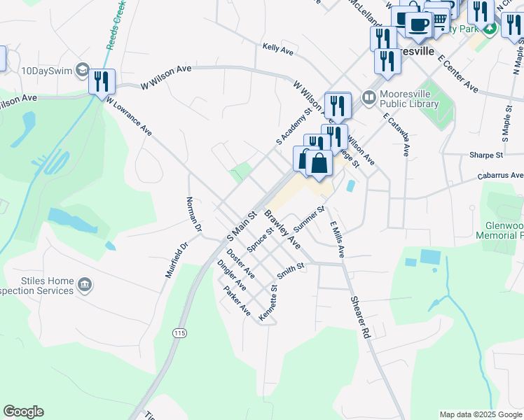 map of restaurants, bars, coffee shops, grocery stores, and more near 600 South Main Street in Mooresville
