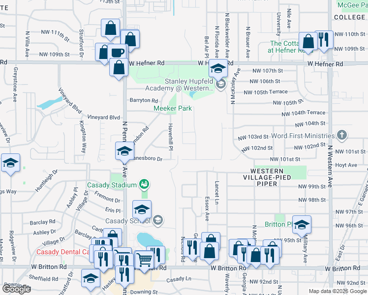 map of restaurants, bars, coffee shops, grocery stores, and more near 1704 Castle Street in Oklahoma City