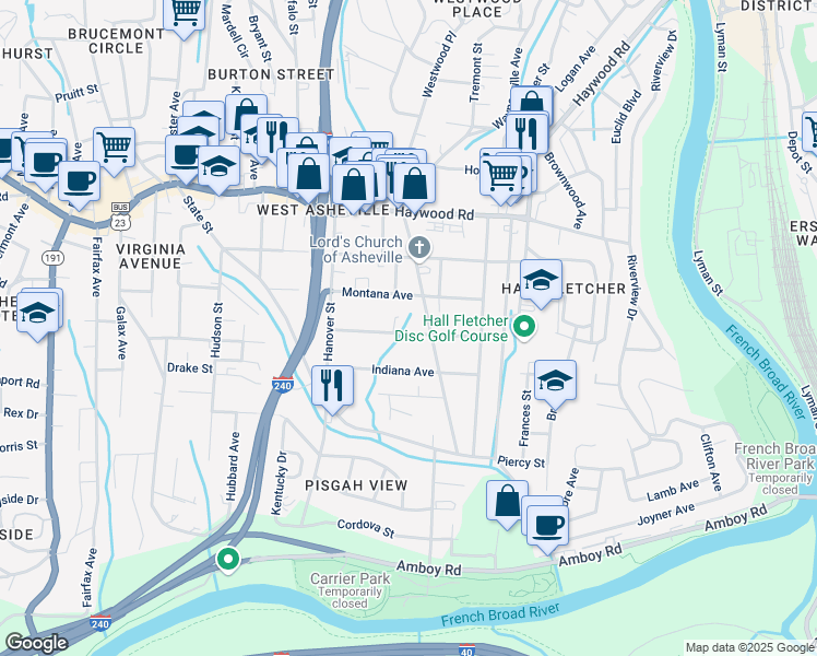 map of restaurants, bars, coffee shops, grocery stores, and more near 77 Alabama Avenue in Asheville