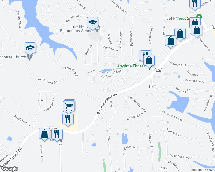 map of restaurants, bars, coffee shops, grocery stores, and more near 155 Clusters Circle in Mooresville