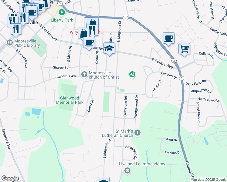 map of restaurants, bars, coffee shops, grocery stores, and more near 253 South Magnolia Street in Mooresville