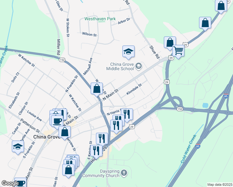 map of restaurants, bars, coffee shops, grocery stores, and more near 716 North Main Street in China Grove