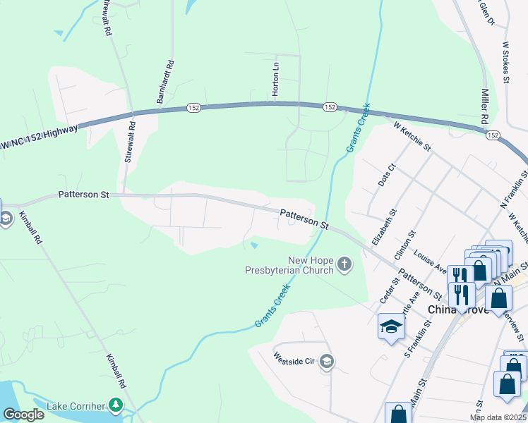map of restaurants, bars, coffee shops, grocery stores, and more near 1055 Patterson Street in China Grove
