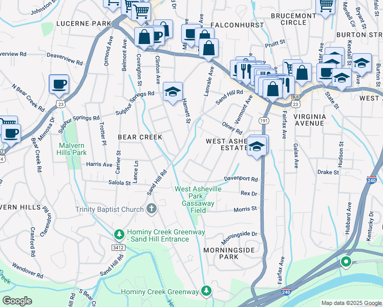 map of restaurants, bars, coffee shops, grocery stores, and more near 43 Vermont Court in Asheville