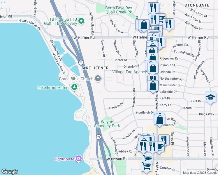 map of restaurants, bars, coffee shops, grocery stores, and more near 3129 Lakeside Drive in The Village